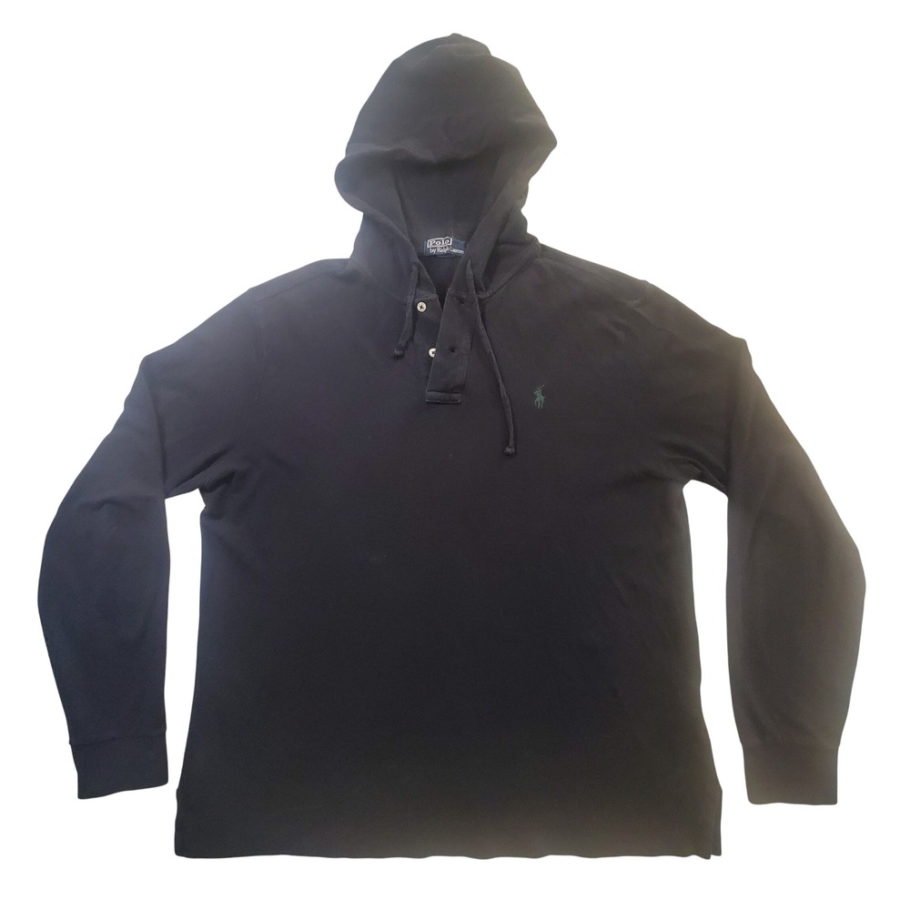 Polo Ralph Lauren Mens Black Cotton Henley Hoodie Large Embroidered Pony